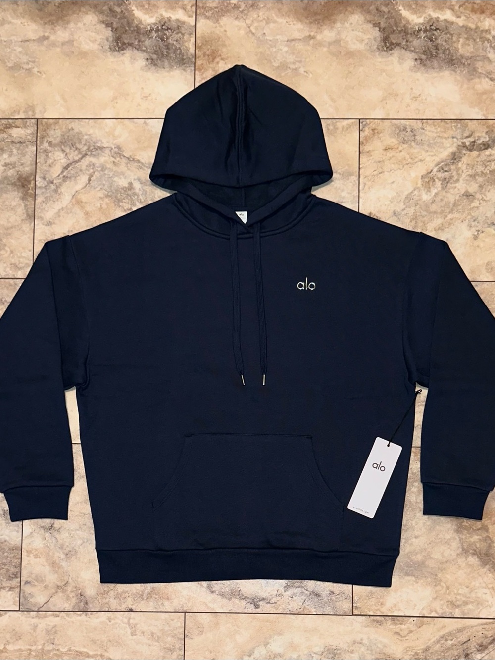 Alo Yoga Accolade Hoodie Pullover Logo Sweatshirt Navy Blue Size XL
